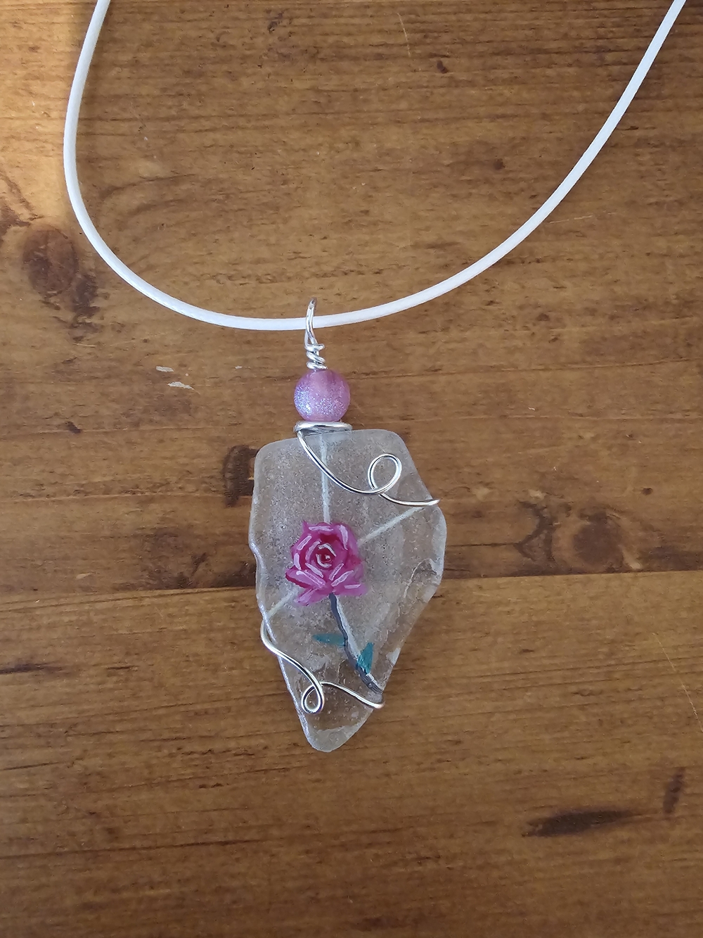 Pink Hand-Painted Rose Sea Glass Pendant Necklace Silver Wire Wrap on white cord
